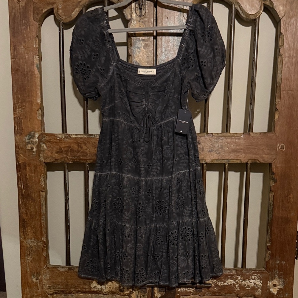 Lucky Brand Dark Gray Eyelet Midi Dress